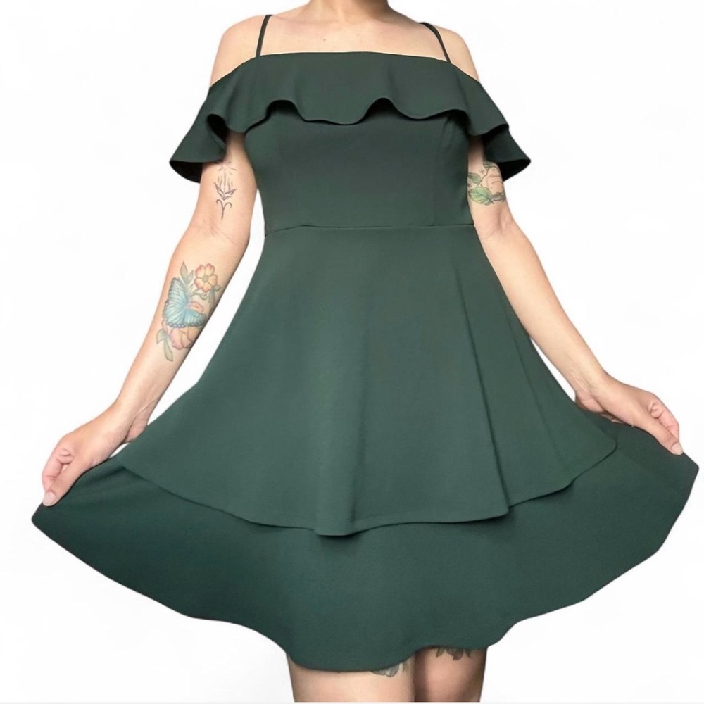 Forest Green Fairycore Off the Shoulder Ruffled Dress
